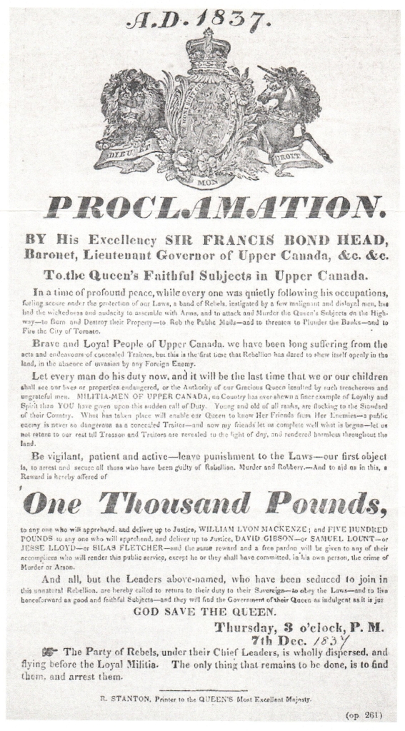 Proclamation for the arrest of David Gibson and his fellow rebels during The Rebellion of 1837. Photo credit: Toronto Public Library